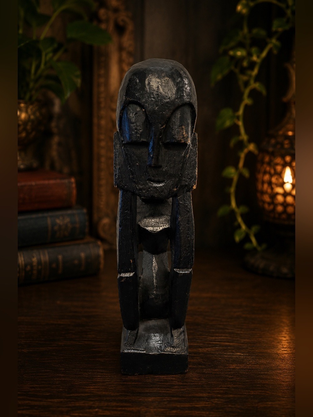 Hand-Carved Black Dark Wood Tribal-Inspired Figure / Mask Sculpture • Home Decor